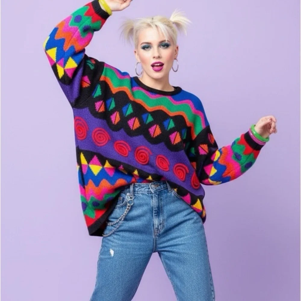 VTG 90's Y2K Size S Pullover Knit Sweater Abstract Swirl Dot Print retro rare